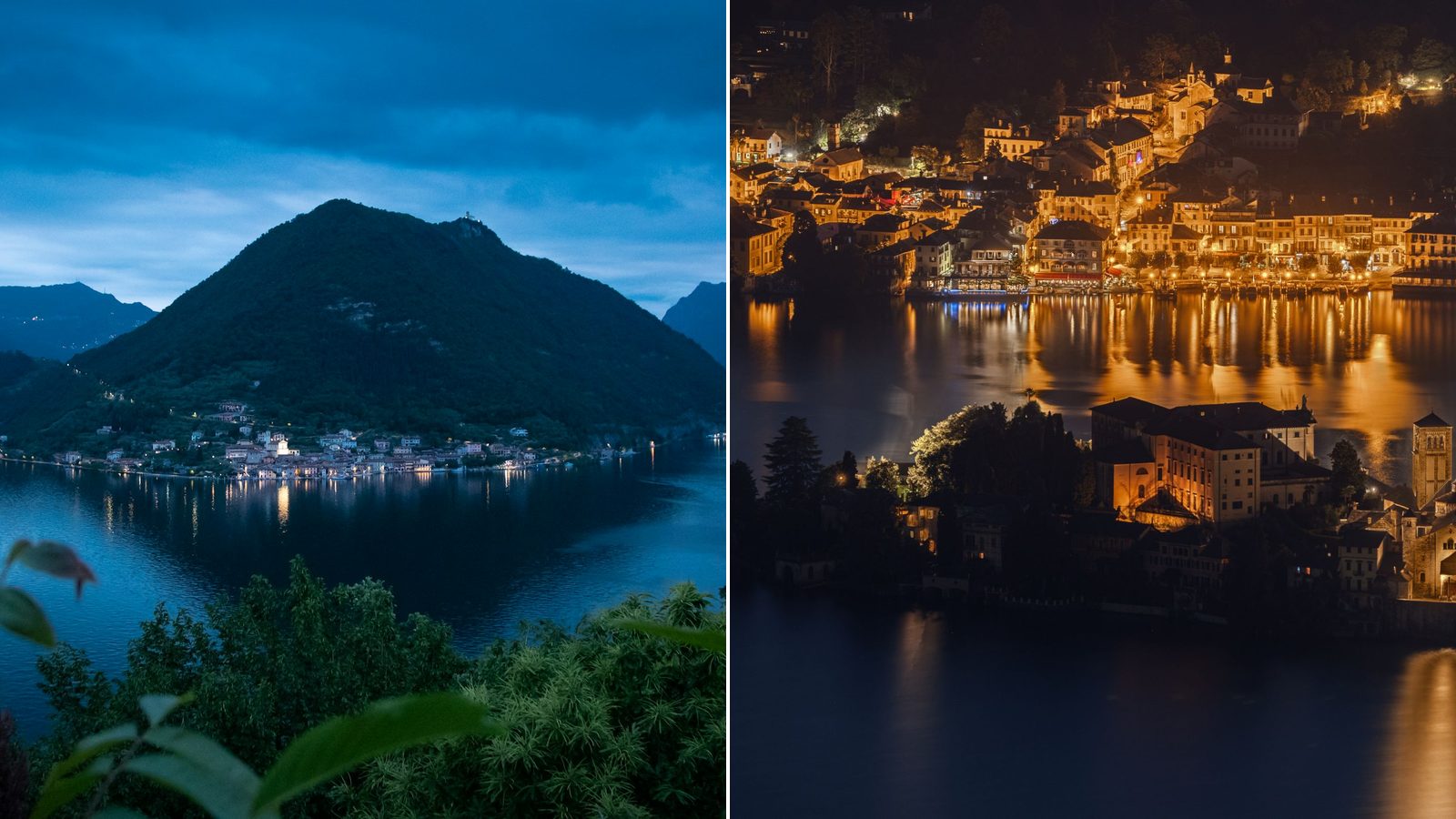 Zwei Seen nebeneinander in der Dämmerung: Monte Isola im Iseosee und die Isola San Giulio mit den Lichtern von Orta San Giulio