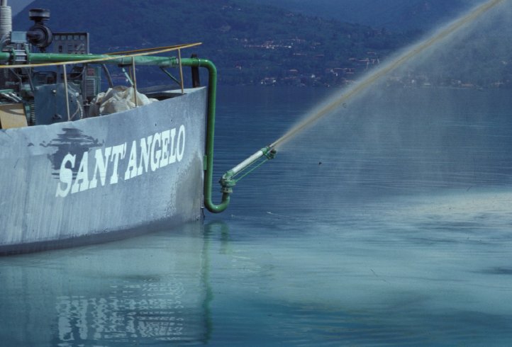 The barge Sant'Angelo spraying limestone on Lake Orta during the 1989 liming operation