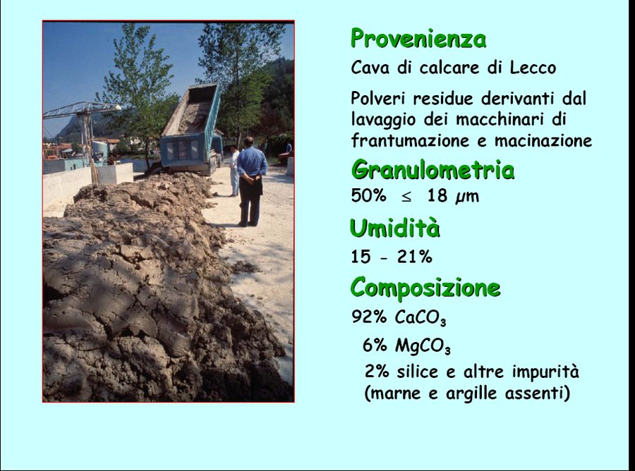Limestone powder used for the liming of Lake Orta: composition 92% CaCO3, 6% MgCO3, grain size 50% below 18 microns, sourced from a quarry near Lecco