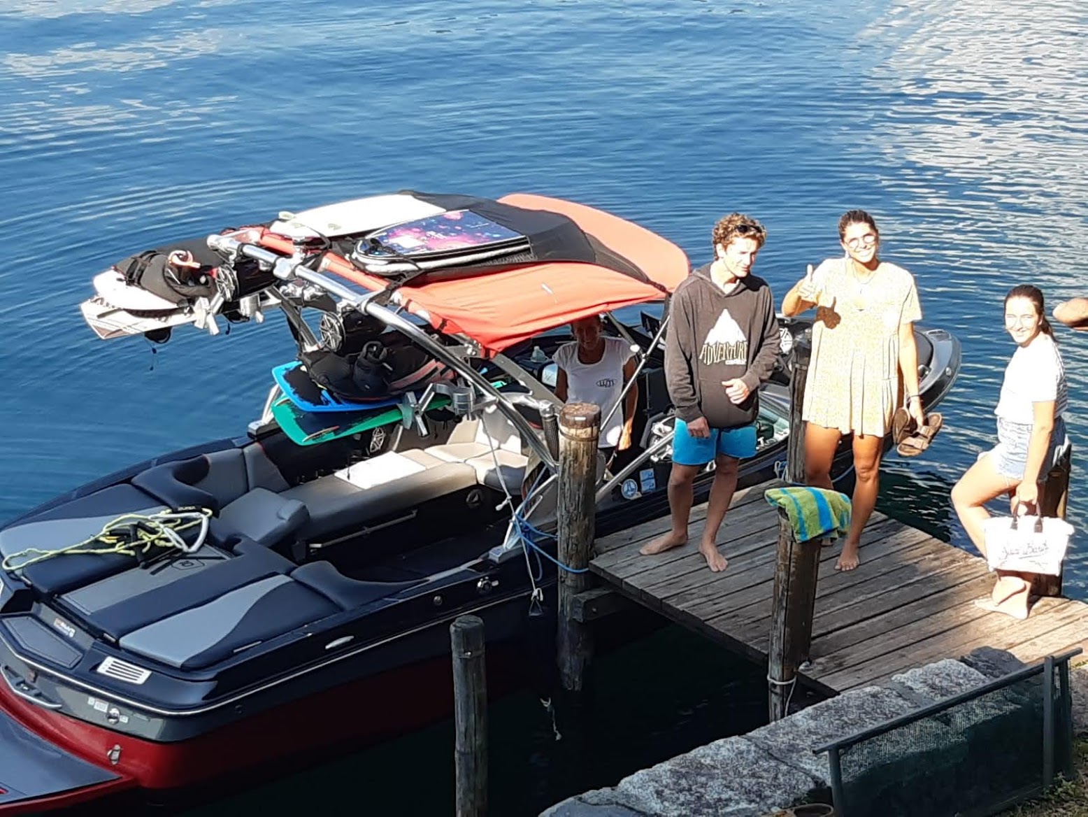 Wake and More wakeboard boat docked at Villa Volpe's private pier on Lake Orta