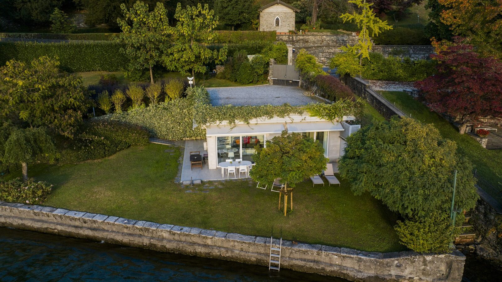 Aerial — villa, chapel and garden